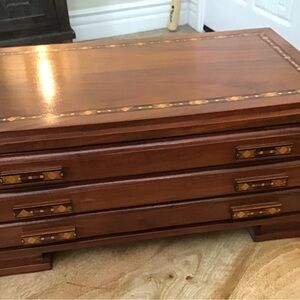 Massive Handcrafted Inlaid Wood Three Drawer Jewelry Storage Box